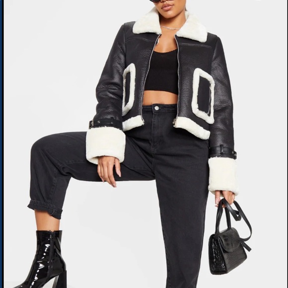 PrettyLittleThing Jackets & Blazers - Black Faux Fur Trim Cropped PU Jacket